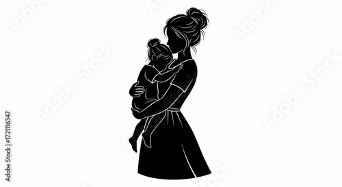 Silhouette of a mother tenderly holding her baby in her arms, symbolizing love and family.