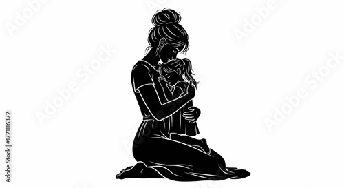 Silhouette of a mother kneeling and tenderly embracing her child, depicting a loving bond and maternal affection.