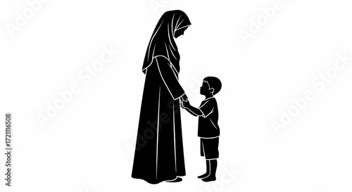 Silhouette of a Muslim woman in hijab holding a child's hand.