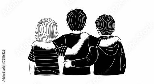 Three friends standing back to back, arms around each other's shoulders, a depiction of friendship and togetherness.