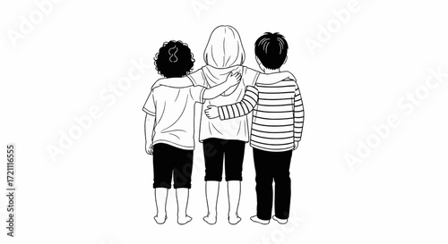 A black and white line drawing of three diverse friends standing together from behind, arms around each other in a gesture of unity and support.