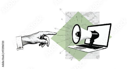 Pointing finger directs vibrant sound waves from laptop megaphone, amplifying digital marketing messages and communication strategies