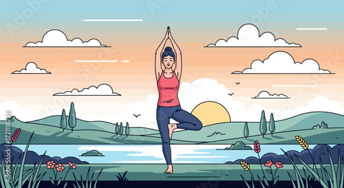 Find your inner peace with a beautiful yoga tree pose in a vibrant landscape, perfect for health, wellness, and mindful living promotions