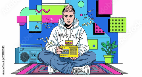 Creative youth enjoying retro music with vintage boombox and cassette player, immersed in vibrant geometric aesthetic and nostalgic vibes, cool lifestyle