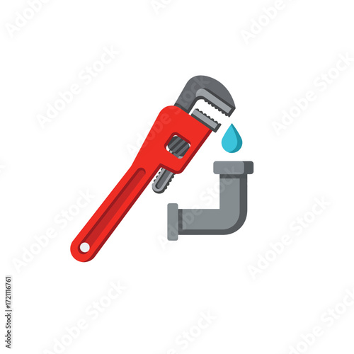 Professional plumbing repair service concept with a pipe wrench, leaking water droplet, and pipe, illustrating maintenance and fixing issues.
