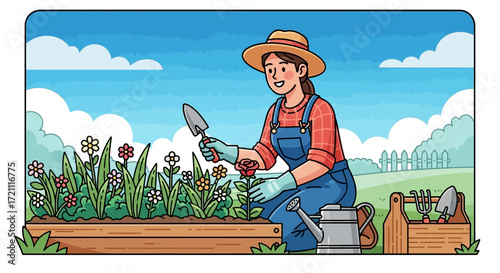 Smiling woman lovingly tending to her colorful flowers in a cheerful garden, enjoying the peace and beauty of nature on a bright sunny day