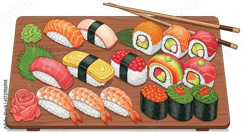 Delicious sushi platter with vibrant colors and various toppings presented on a wooden board perfect for restaurant menus and food blogs