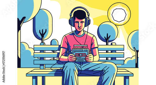 Nostalgic vibes of a young man listening to music with a retro cassette player and headphones in a vibrant park setting on a sunny day