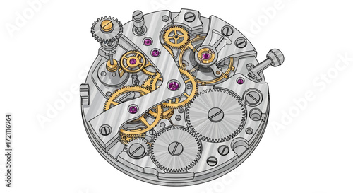 Intricate watch mechanism with gears and jewels showcasing precision engineering and horology, perfect for technology or time concepts