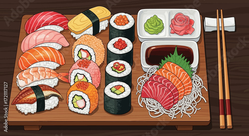 Enjoy a delicious sushi feast with vibrant salmon, tuna, and California rolls, perfect for a healthy and flavorful meal at your favorite Japanese restaurant