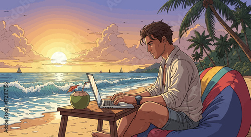 Handsome man enjoying remote work with a laptop on a tropical beach at sunset, sipping from a coconut, a modern vision of digital nomad lifestyle