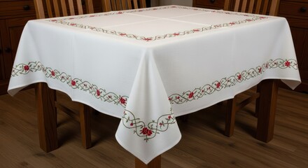 Elegant white tablecloth with embroidered red rose and green vine design
