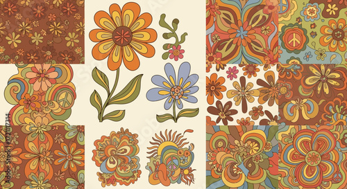 Groovy 70s Floral Patterns & Flower Power Designs for Vibrant Retro Style Projects and Nostalgic Designs, Bringing Back Peace and Love