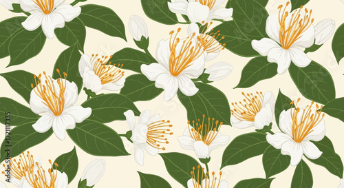 Elegant floral pattern with delicate white blossoms and lush green leaves for textile prints, wallpaper, and sophisticated design projects