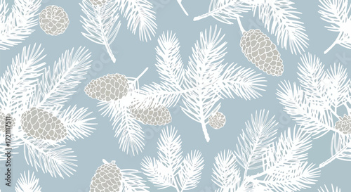 A subtle and elegant seamless winter pattern with hand-drawn frosted pine cones and needles on a light, textured background.