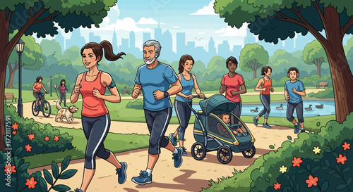 Diverse group enjoying outdoor fitness together in the park, promoting healthy lifestyle and community wellness, great for active living campaigns