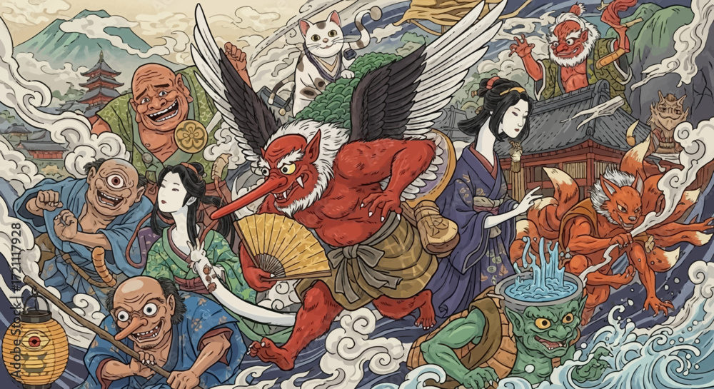 Obraz premium Vibrant Ukiyo-e style illustration of Japanese folklore with demons and spirits, perfect for adding a unique cultural touch to your project
