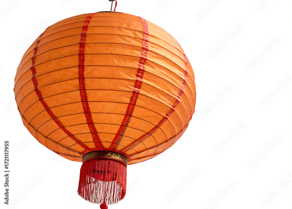Obraz premium Orange paper lantern with red border and fringe isolated on a transparent background