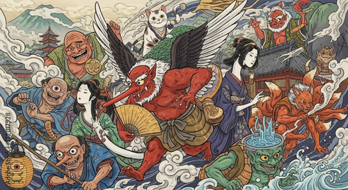 Vibrant Ukiyo-e style illustration of Japanese folklore with demons and spirits, perfect for adding a unique cultural touch to your project
