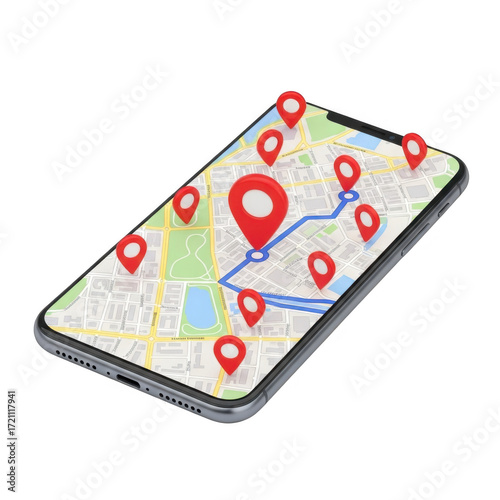 Wallpaper Mural Smartphone displaying gps map with numerous red location pins and a route line transparent background Torontodigital.ca