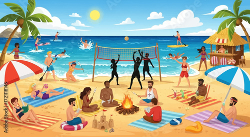 Vibrant beach scene with people enjoying summer activities like volleyball, swimming, sunbathing, and relaxing by a campfire under the bright sun