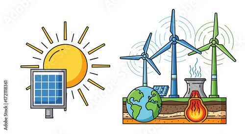 Sustainable energy solutions powering a greener future with sun, wind, geothermal, and solar panel technology in a vibrant, eco-conscious design