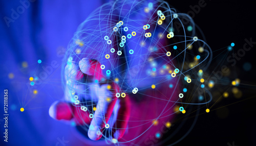 Abstract image of a hand holding a digital sphere representing global network connections and data flow.