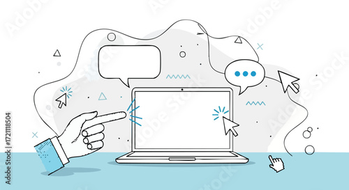 Illustration of a laptop with speech bubbles and a pointing hand, representing communication.