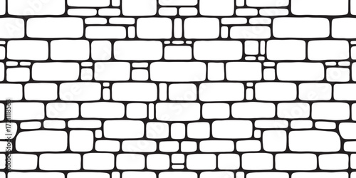 Minimalist black outline stone pattern with irregular, rough-edged shapes on white. Seamless repeating design for backgrounds, textures, or prints. Flat vector illustration in geometric style