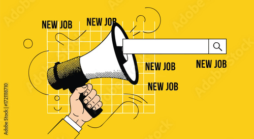 A hand holding a megaphone, broadcasting "New Job" messages into a search bar.