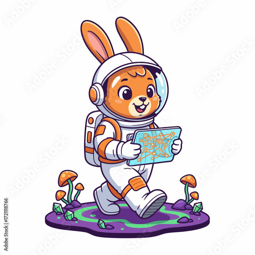 Rabbit Astronaut with Holographic Map on Alien Terrain