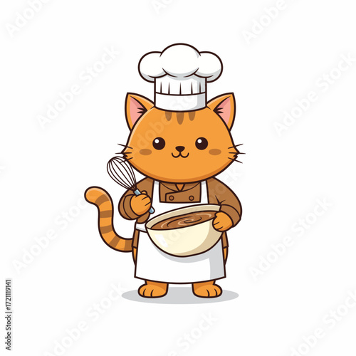 Cute cat chef with apron and hat holding whisk and mixing bowl vector