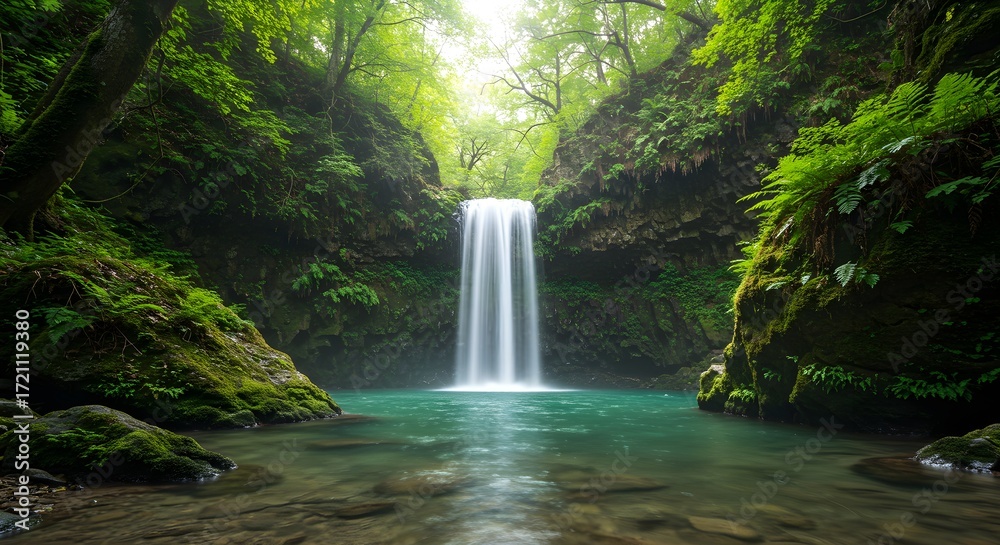 Obraz premium Peaceful waterfall in lush green gorge