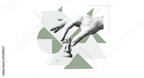 Strategic hand placing chess knight piece amidst abstract geometric shapes, symbolizing thoughtful planning and decisive action for business success.