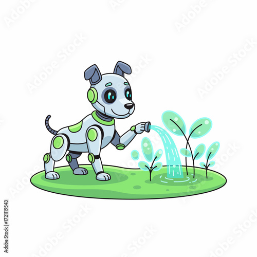 Playful Robot Dog Watering Holographic Plants