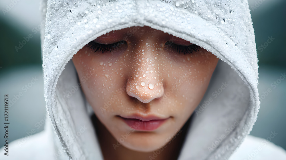 Obraz premium Sad Woman in White Clothes Wet in the Rain