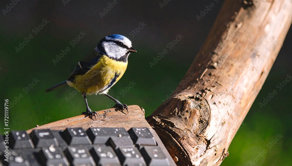 Obraz premium A blue tit perched on a keyboard