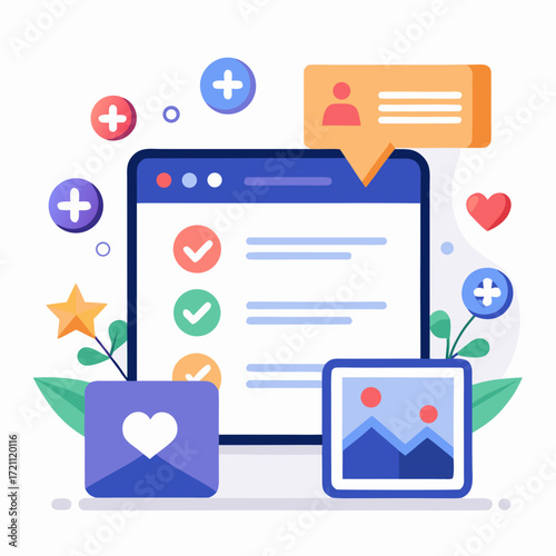 Digital interface with social media icons and content elements for online engagement