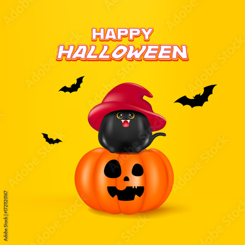 3D cute Halloween black cat cartoon character, trick or treat party, october holiday, 3d rendering.