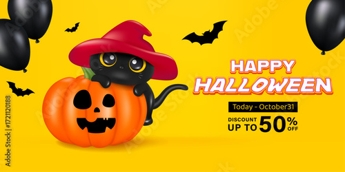 3D cute Halloween black cat cartoon character, trick or treat party, october holiday, 3d rendering.