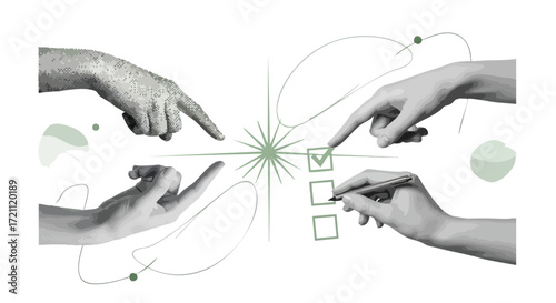 Hands pointing to checklist with checkmark and boxes symbolizing choices and decisions in modern, minimalist aesthetic for business or personal life