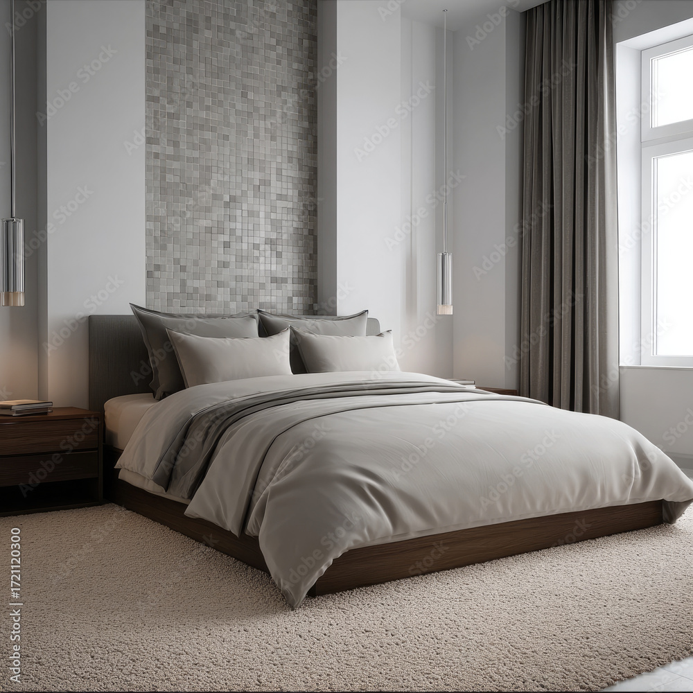 Obraz premium Modern bedroom with clean lines, soft neutral bedding, cozy carpet, and natural light creates peaceful atmosphere