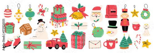 Christmas element vector illustration set. Collection of christmas tree, nutcracker, snowman, gift, bauble ball, mug, bell, angel, candy cane. Design for sticker, card, poster, invitation, greeting.