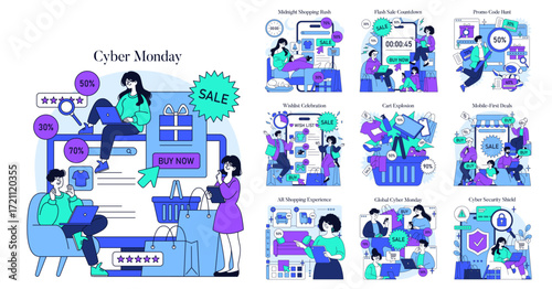 Cyber Monday Shopping Frenzy Vector Illustration