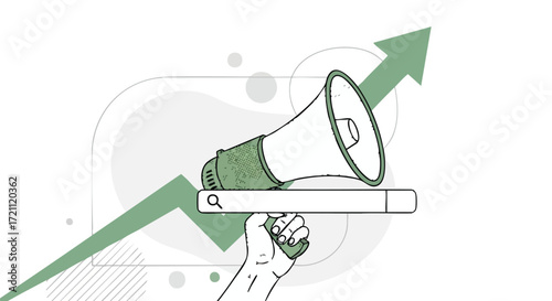 A hand holding a megaphone and search bar with an upward trending arrow, symbolizing marketing and growth.