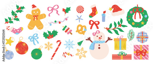 Christmas element vector illustration set. Collection of christmas bauble ball, snowman, wreath, gift, ribbon, gingerbread, candy cane. Design for sticker, card, poster, invitation, greeting.