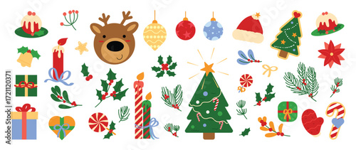 Christmas element vector illustration set. Collection of christmas tree, bauble ball, reindeer, candle, holly leaf, candle, gift. Design for sticker, card, poster, invitation, greeting.
