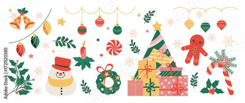 Christmas element vector illustration set. Collection of christmas tree, bauble ball, gingerbread, snowman, gift, candle, wreath, bell, holly. Design for sticker, card, poster, invitation, greeting.