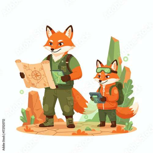 Vector of two fox explorers holding map and gadgets, soft highlights, flat vector, white background, orange and green palette.