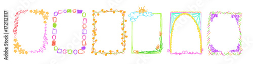 Colorful kid drawn frame borders with crayon star shapes, flowers and scribbles for children art decoration. Rainbow rectangles with sun, clouds and geometric patterns for playful craft school project